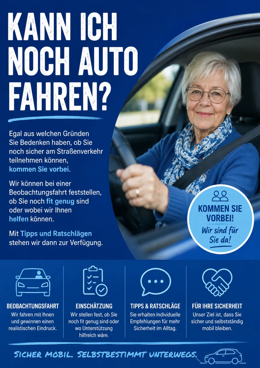 Plakat: Kann ich noch Auto fahren? Kommen Sie vorbei, wir sind für Sie da